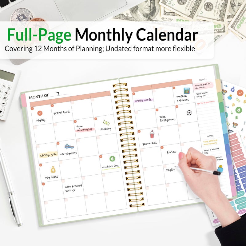 SUNEE Budget Planner - Monthly Budget Book with Expense Tracker Notebook, Undated 12 Month Bill Organizer & Finance Planner to Manage Your Money, A5(6.4"" x 8.3"") Account Book with Colorful Tab, Green - Image 2